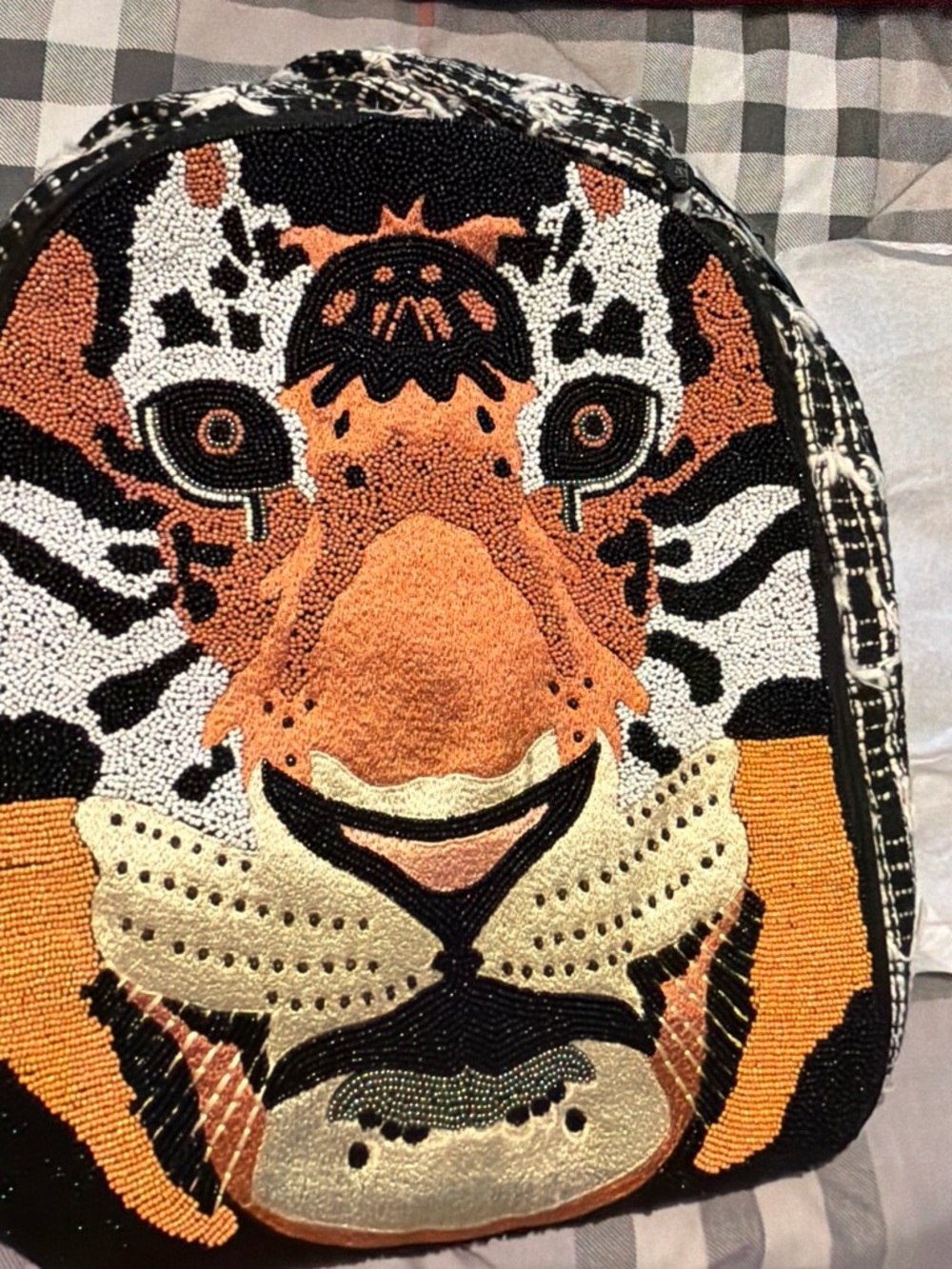 Beaded Tiger Face Accent Pillow Cover in Orange, Black & White